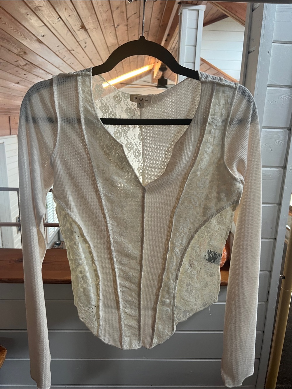 POL Cream Lace-Panel Long Sleeve Top